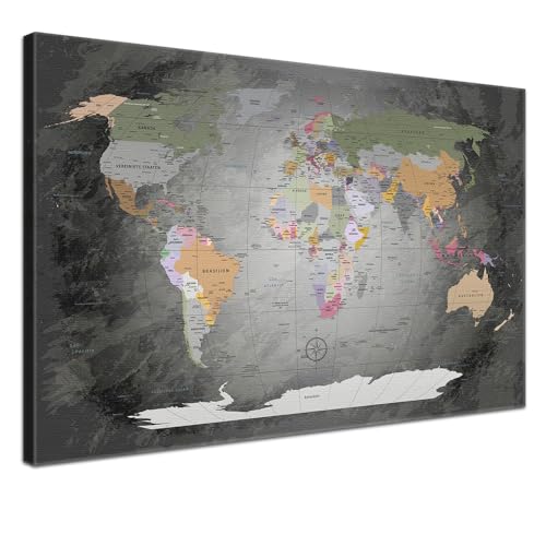 Stilvolle Pinnwand Weltkarte - Edelgrau - Deutsch in 120 x 80 cm, stabile Rückwand zum Pinnen inkl. Starterkit - Leinwand-Kunstdruck Wandbild Landkarte XXL von LANA KK