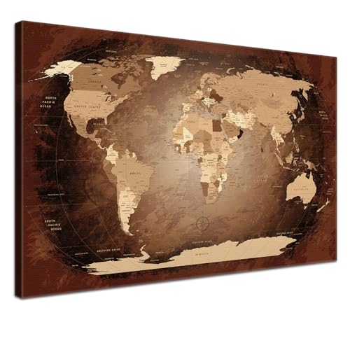 Stilvolle Pinnwand Weltkarte - Antik - Englisch in 120 x 80 cm, stabile Rückwand zum Pinnen inkl. Starterkit - Leinwand-Kunstdruck Wandbild Landkarte XXL von LANA KK
