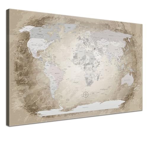 Stilvolle Pinnwand Weltkarte - Beige - Englisch in 120 x 80 cm, stabile Rückwand zum Pinnen inkl. Starterkit - Leinwand-Kunstdruck Wandbild Landkarte XXL von LANA KK