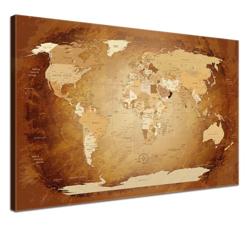 Stilvolle Pinnwand Weltkarte - Braun Colorful - Englisch in 100 x 70 cm, stabile Rückwand zum Pinnen inkl. Starterkit - Leinwand-Kunstdruck Wandbild Landkarte XXL von LANA KK