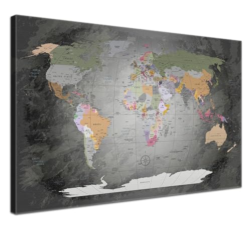Stilvolle Pinnwand Weltkarte - Edelgrau - Englisch in 120 x 80 cm, stabile Rückwand zum Pinnen inkl. Starterkit - Leinwand-Kunstdruck Wandbild Landkarte XXL von LANA KK