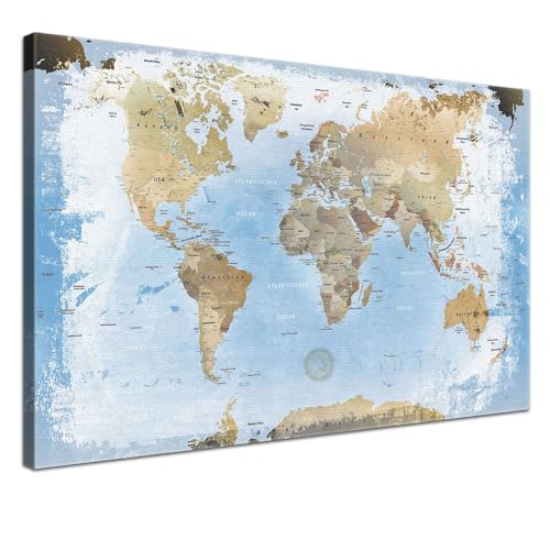 Stilvolle Pinnwand Weltkarte - Ice - Deutsch in 100 x 70 cm, stabile Rückwand zum Pinnen inkl. Starterkit - Leinwand-Kunstdruck Wandbild Landkarte XXL von LANA KK