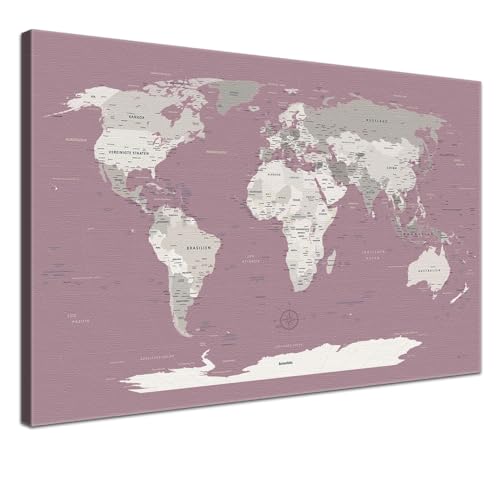 LANA KK Weltkarte-Pinnwand als Leinwandbild, pinne Deine Reisen und Erinnerungen – World Map Altrosa - Deutsch - Landkarten-Wandbild in rosa, 100 x 70 cm von LANA KK