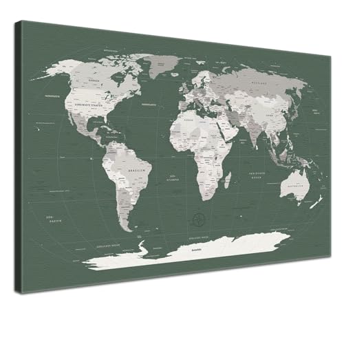 LANA KK Weltkarte-Pinnwand als Leinwandbild, pinne Deine Reisen und Erinnerungen – World Map Green Smoke - Deutsch - Landkarten-Wandbild in grün, 100 x 70 cm LANA KK Weltkarte-Pinnwand als Leinwandbild, pinne Deine Reisen und Erinnerungen – World Map Green Smoke - Deutsch - Landkarten-Wandbild in grün, 100 x 70 cm von LANA KK