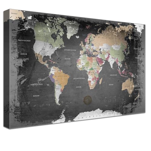 Lana KK® - Luxus Weltkarte Pinnwand, Graphit" Deutsch, Leinwand zum Pinnen der Reiseziele als Wandbild - Reisewelt Karte grau 100x70 cm von LANA KK