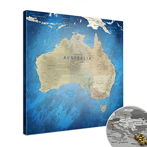 Lana KK® - Premium Australienkarte Pinnwand, Noir" Englisch, Leinwand zum Pinnen der Reiseziele als Wandbild - Landkarte in schwarz, 40x40 cm von LANA KK