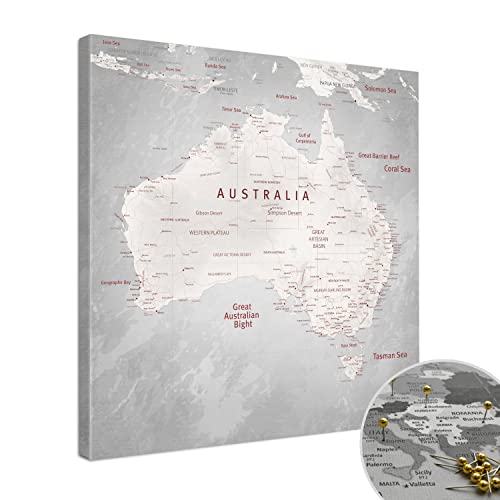 Lana KK® - Premium Australienkarte Pinnwand, "Noir" Englisch, Leinwand zum Pinnen der Reiseziele als Wandbild - Landkarte in schwarz, 50x50 cm von LANA KK