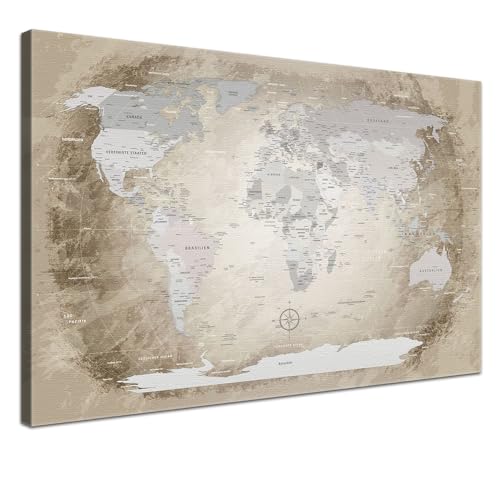 Lana KK® - Premium Weltkarte Pinnwand, Beige" Deutsch, Leinwand zum Pinnen der Reiseziele als Wandbild - Reisewelt Karte beige 100x70 cm von LANA KK