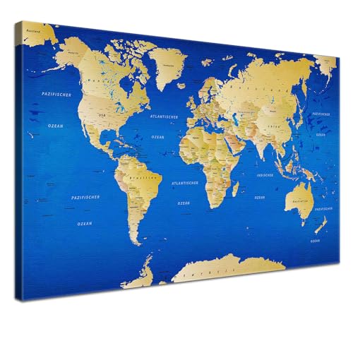 Lana KK® - Premium Weltkarte Pinnwand, Blau" Deutsch, Leinwand zum Pinnen der Reiseziele als Wandbild - Reisewelt Karte blau 100x70 cm von LANA KK