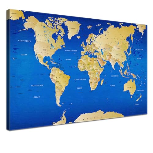 Lana KK® - Premium Weltkarte Pinnwand, Blau" Deutsch, Leinwand zum Pinnen der Reiseziele als Wandbild - Reisewelt Karte blau 120x80 cm von LANA KK