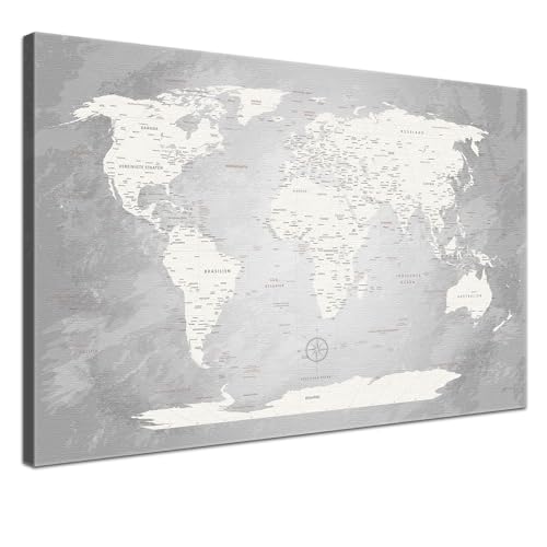 Stilvolle Pinnwand Weltkarte - Champagner - Deutsch in 120 x 80 cm, stabile Rückwand zum Pinnen inkl. Starterkit - Leinwand-Kunstdruck Wandbild Landkarte XXL von LANA KK