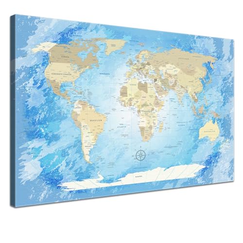 Lana KK® - Premium Weltkarte Pinnwand, "Frozen" Deutsch, Leinwand zum Pinnen der Reiseziele als Wandbild - Reisewelt Karte blau 120x80 cm von LANA KK