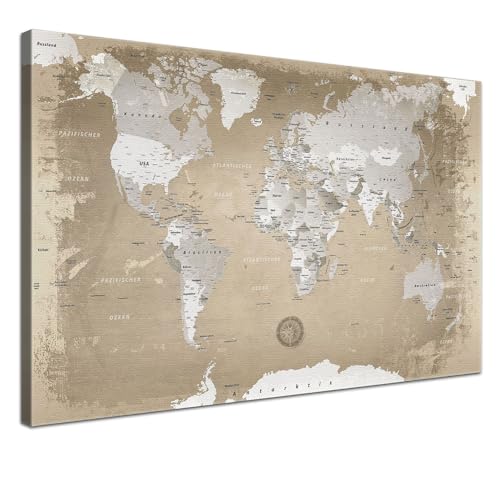 Lana KK® - Premium Weltkarte Pinnwand, Natur" Deutsch, Leinwand zum Pinnen der Reiseziele als Wandbild - Reisewelt Karte beige 100x70 cm von LANA KK