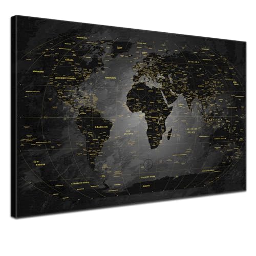 Lana KK® - Premium Weltkarte Pinnwand, Noir" Deutsch, Leinwand zum Pinnen der Reiseziele als Wandbild - Landkarte in schwarz, 100x70 cm von LANA KK