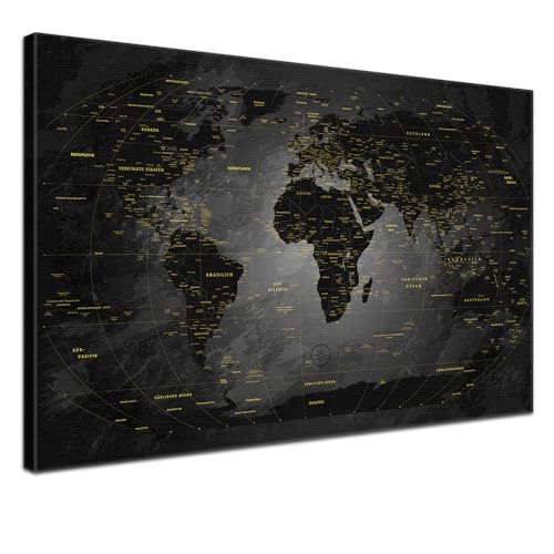 Lana KK® - Premium Weltkarte Pinnwand, "Noir" Deutsch, Leinwand zum Pinnen der Reiseziele als Wandbild - Landkarte in schwarz, 120x80 cm von LANA KK