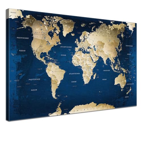 Lana KK® - Premium Weltkarte Pinnwand, Ocean" Deutsch, Leinwand zum Pinnen der Reiseziele als Wandbild - Reisewelt Karte blau 80x60 cm von LANA KK