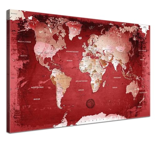 Lana KK® - Premium Weltkarte Pinnwand, Red" Deutsch, Leinwand zum Pinnen der Reiseziele als Wandbild - Reisewelt Karte rot 100x70 cm von LANA KK