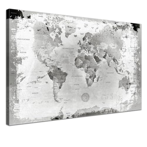 Stilvolle Pinnwand Weltkarte - Retro Hellgrau - Deutsch in 120 x 80 cm, stabile Rückwand zum Pinnen inkl. Starterkit - Leinwand-Kunstdruck Wandbild Landkarte XXL von LANA KK