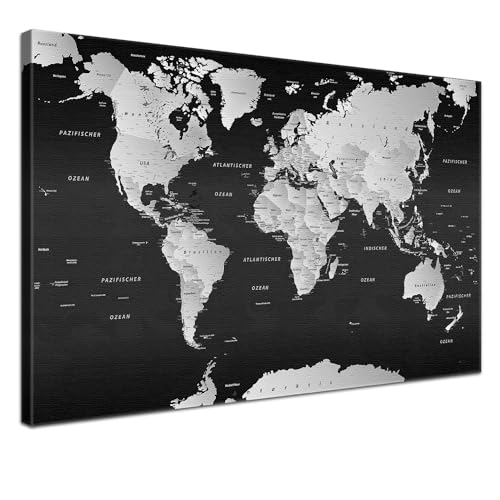 Lana KK® - Premium Weltkarte Pinnwand, SW" Deutsch, Leinwand zum Pinnen der Reiseziele als Wandbild - Reisewelt Karte schwarz 100x70 cm von LANA KK