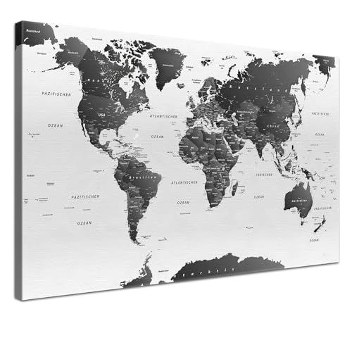 Lana KK® - Premium Weltkarte Pinnwand, SW Hell" Deutsch, Leinwand zum Pinnen der Reiseziele als Wandbild - Reisewelt Karte weiÃŸ 120x80 cm von LANA KK