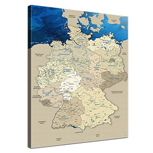 LanaKK – Deutschlandkarte Leinwandbild „Deutschlandkarte Blue Ocean” - deutsch - Kunstdruck-Pinnwand auf Echtholz-Keilrahmen – Globus in blau, einteilig & fertig gerahmt in 70x100cm von LANA KK