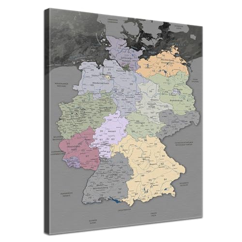 LanaKK – Deutschlandkarte Leinwandbild „Deutschlandkarte Edelgrau” - deutsch - Kunstdruck-Pinnwand auf Echtholz-Keilrahmen – Globus in grau, einteilig & fertig gerahmt in 80x120cm von LANA KK