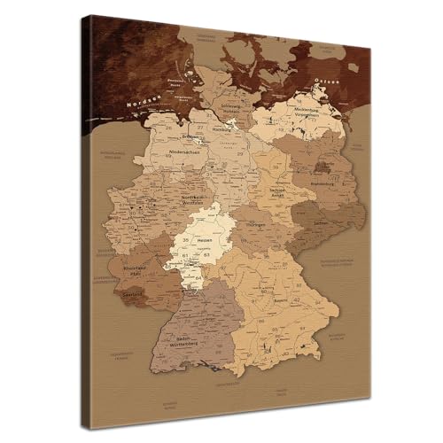 Stilvolle Pinnwand Deutschlandkarte - Antik - Deutsch in 40 x 60 cm, stabile Rückwand zum Pinnen inkl. Starterkit - Leinwand-Kunstdruck Wandbild Landkarte XXL von LANA KK