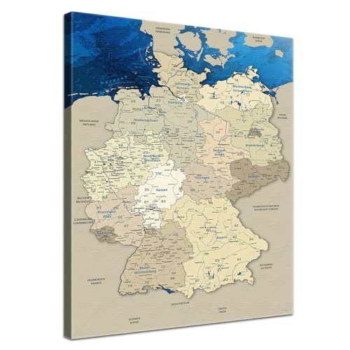 Stilvolle Pinnwand Deutschlandkarte - Blue Ocean - Deutsch in 80 x 120 cm, stabile Rückwand zum Pinnen inkl. Starterkit - Leinwand-Kunstdruck Wandbild Landkarte XXL von LANA KK