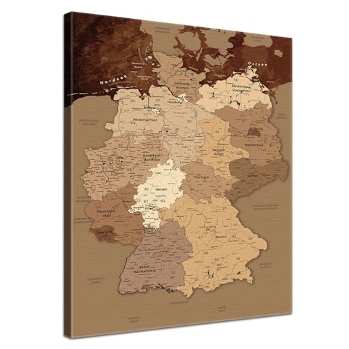 Stilvolle Pinnwand Deutschlandkarte - Antik - Deutsch in 60 x 80 cm, stabile Rückwand zum Pinnen inkl. Starterkit - Leinwand-Kunstdruck Wandbild Landkarte XXL von LANA KK