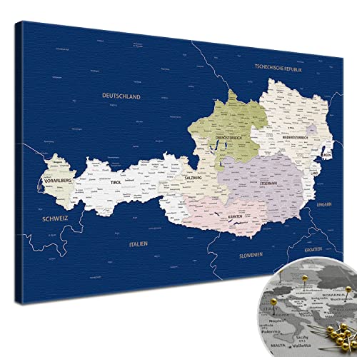 Leinwandbild - Österreichkarte Blau - 100 x 70 cm, Premium Qualität, Deutsch von LANA KK