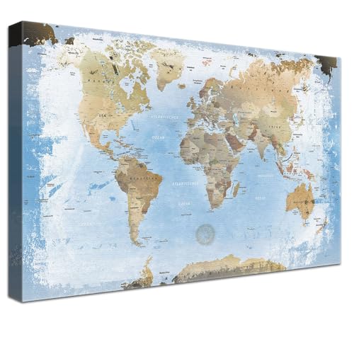 Stilvolle Pinnwand Weltkarte - Ice - Deutsch in 100 x 70 cm, stabile Rückwand zum Pinnen inkl. Starterkit - Leinwand-Kunstdruck Wandbild Landkarte XXL von LANA KK