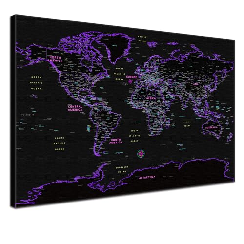 Stilvolle Pinnwand Weltkarte - Neon - Englisch in 100 x 70 cm, stabile Rückwand zum Pinnen inkl. Starterkit - Leinwand-Kunstdruck Wandbild Landkarte XXL von LANA KK