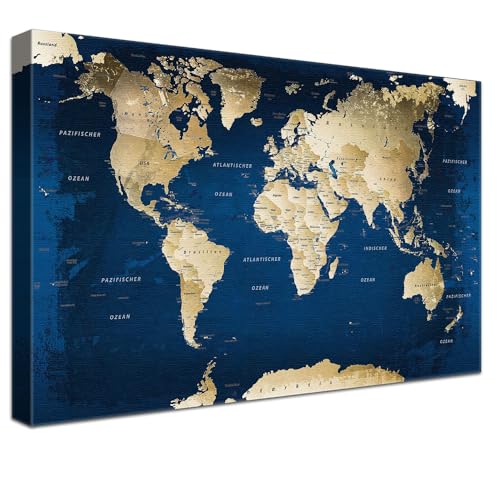 Stilvolle Pinnwand Weltkarte - Ocean - Deutsch in 100 x 70 cm, stabile Rückwand zum Pinnen inkl. Starterkit - Leinwand-Kunstdruck Wandbild Landkarte XXL von LANA KK
