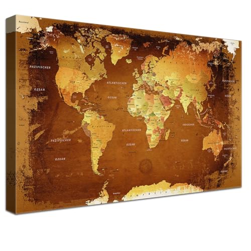 Stilvolle Pinnwand Weltkarte - Retro Bunt - Deutsch in 100 x 70 cm, stabile Rückwand zum Pinnen inkl. Starterkit - Leinwand-Kunstdruck Wandbild Landkarte XXL von LANA KK