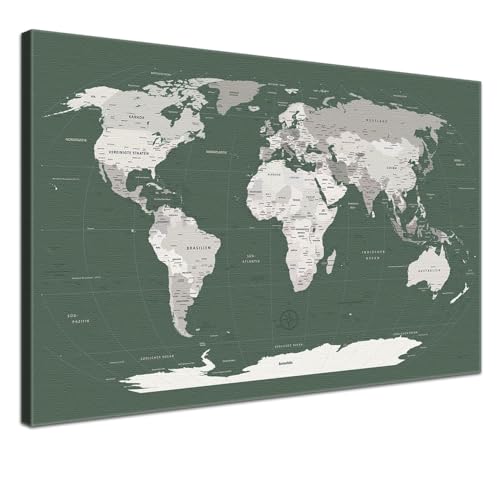 Weltkarte-Pinnwand als Leinwandbild, pinne Deine Reisen und Erinnerungen – World Map Green Smoke - Deutsch - Landkarten-Wandbild in grün, 100 x 70 cm von LANA KK