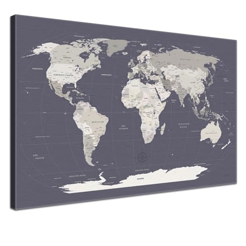 Weltkarte-Pinnwand als Leinwandbild, pinne Deine Reisen und Erinnerungen – World Map Hale Navy - Deutsch - Landkarten-Wandbild in dunkelblau, 80 x 60 cm von LANA KK