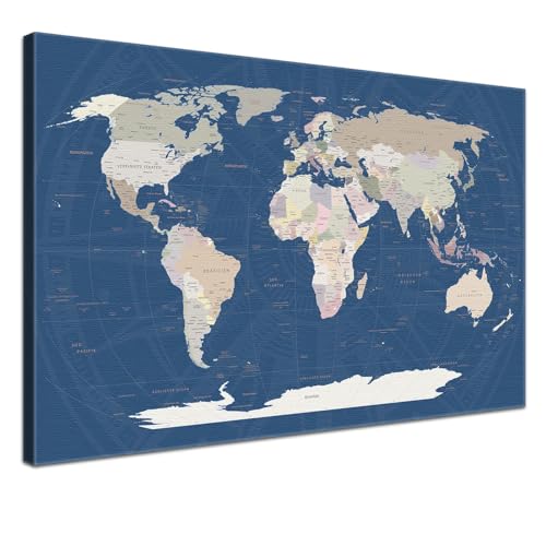 LANA KK Weltkarte-Pinnwand als Leinwandbild, pinne Deine Reisen und Erinnerungen – World Map Titan - Deutsch - Landkarten-Wandbild in blau, 80 x 60 cm von LANA KK