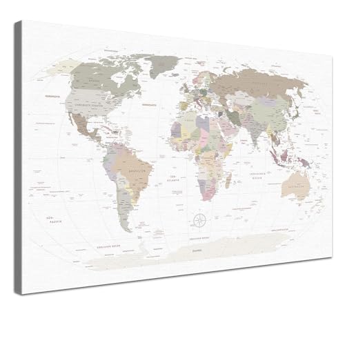 LANA KK Weltkarte-Pinnwand als Leinwandbild, pinne Deine Reisen und Erinnerungen – World Map White - Deutsch - Landkarten-Wandbild in weiß, 100 x 70 cm von LANA KK