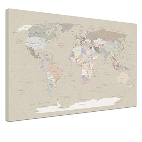 Weltkarte-Pinnwand als Leinwandbild zum pinnen der Reisen - World Map Cappuccino - spanisch - Landkarten-Wandbild Globus in beige, 100 x 70 cm von LANA KK