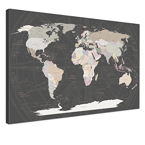 Weltkarte-Pinnwand als Leinwandbild zum pinnen der Reisen - World Map Grey - italienisch - Landkarten-Wandbild Globus in grau, 100 x 70 cm von LANA KK