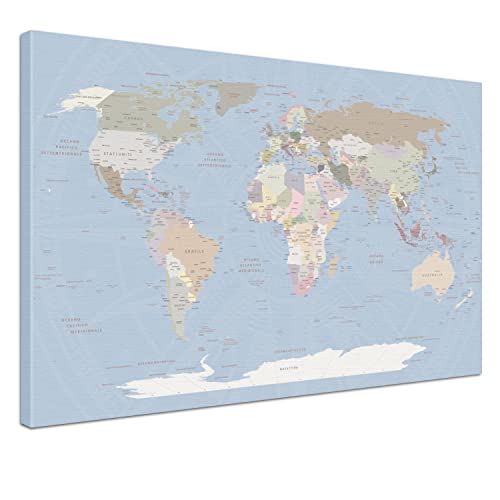 Weltkarte-Pinnwand als Leinwandbild zum pinnen der Reisen - World Map Iceblue - italienisch - Landkarten-Wandbild Globus in blau, 80 x 60 cm von LANA KK