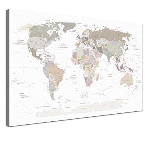 Weltkarte-Pinnwand als Leinwandbild zum pinnen der Reisen - World Map White - italienisch - Landkarten-Wandbild Globus in blau, 60 x 40 cm von LANA KK