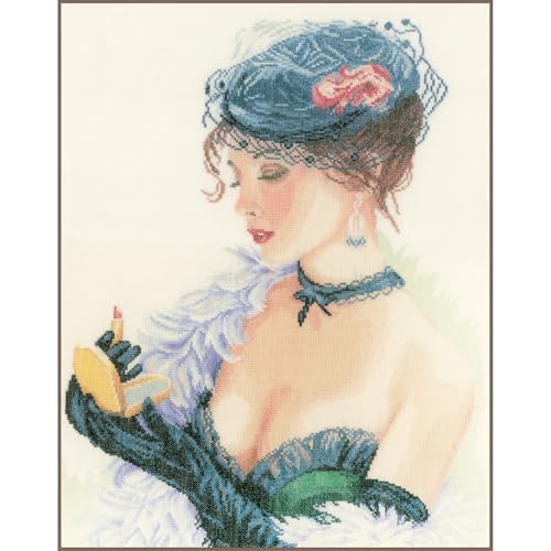 Lanarte Kreuzstich Stickpackungen Gezählter Kreuzstichbilder Set FRAU MIT LIPPENSTIFT Wanddekoration Handarbeit Set für Erwachsene 33 x 45 cm DIY Deko Bastelset Handwerker Kreative Geschenkset von Lanarte