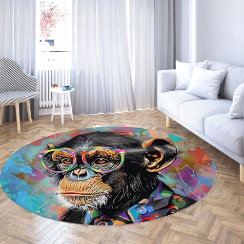 AFFE Porträt Runder Teppich Fun Gorilla Bunter Druck Rutschfester niedriger Flor Kreis Teppich für Schlafzimmer Wohnzimmer Innendekoration Bodenmatte 120cm von LANDERSION