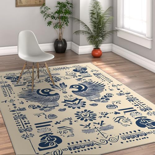 Abstrakte ethnische Blumen Bereich Teppiche Traditionelle Volkskunst Symmetrisches Muster Marineblaue Fußmatten Teppich für Wohnzimmer Schlafzimmer Kinderzimmer 120x180cm von LANDERSION