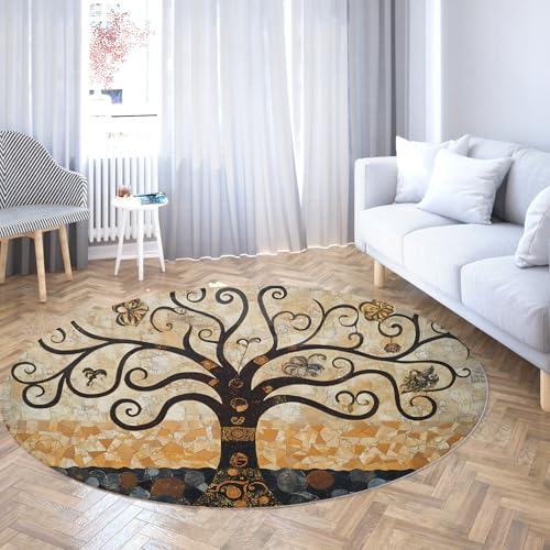 Abstrakter Baum des Lebens Runder Teppich Retro-Stil waschbare rutschfeste Bereichsteppiche Weicher dünner Eingangsbereich Kreis Teppich für Schlafzimmer Büro unter Schreibtisch 80cm von LANDERSION