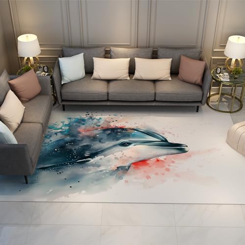 Aquarell Blau Delphin Bereich Teppiche Ozean Leben Marine Thema Weißer Teppich Rutschfester dünner Teppich für Schlafzimmer Wohnzimmer Sofa Kinderzimmer Wohnkultur 90x120cm von LANDERSION