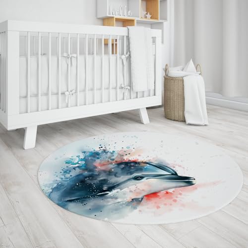 Aquarell Blau Delphin Runde Bereich Teppiche Ozean Leben Marine Thema Weißer Teppich Rutschfester dünner Kreis Teppich für Schlafzimmer Sofa Kinderzimmer Wohnkultur 140cm von LANDERSION