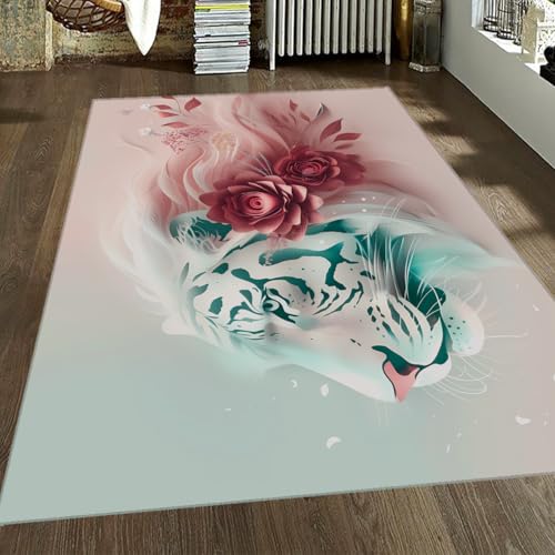 Boho Area Teppiche Waschbarer Rutschfester Teppich mit niedrigem Flor Fantasy Tiger Rose Floral Kleiner Teppich für Wohnzimmer Schlafzimmer Eingangsbereich Büro College Dorm 180x240cm von LANDERSION