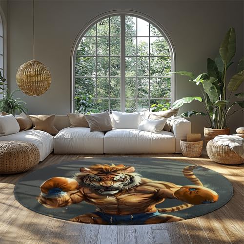 Boxen Tiger Circle Teppiche Sport Themenbereich Teppich Waschbar Rutschfester weicher runder Teppich mit niedrigem Flor für Spielzimmer Gym Teen Zimmer Dekoration 240cm von LANDERSION